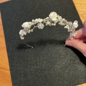 Girl’s Tiara. Silver with white silk flowers. Pearl and crystal beads.